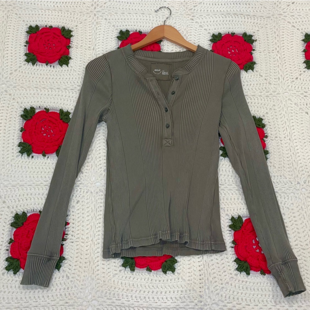 Aerie LS Ribbed Pattern Henley Lounge Tee Thermal Size Large
